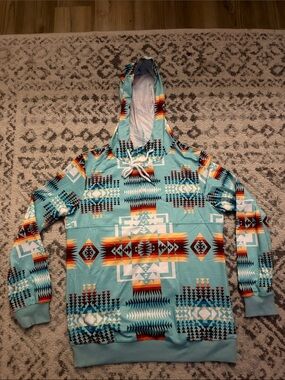 Turquoise Aztec-Print Pullover Hoodie